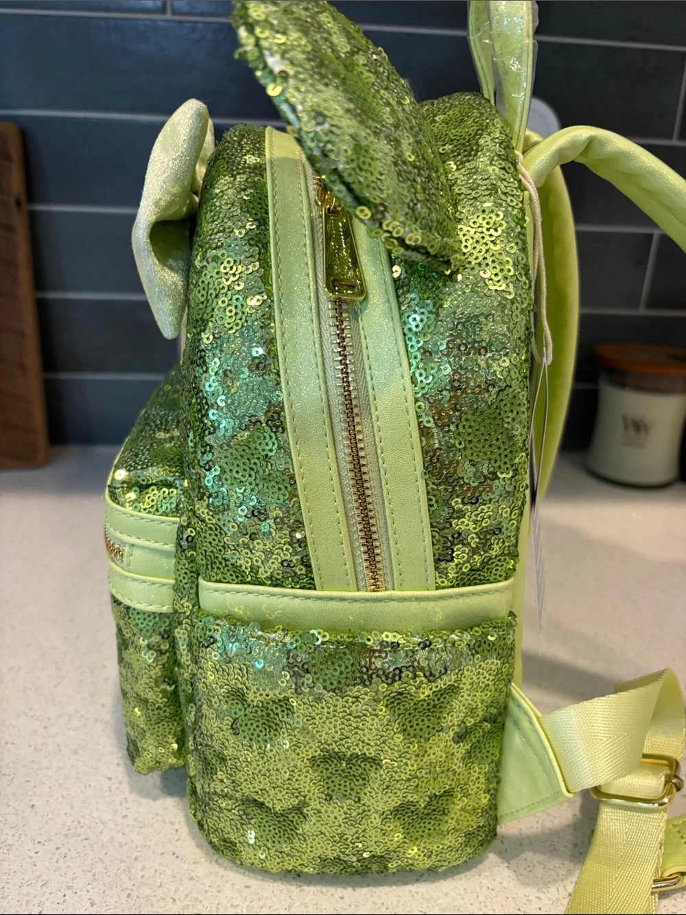 Disney Green Sequin Minnie Ear Loungefly Backpack with Hidden Mickeys. NWT